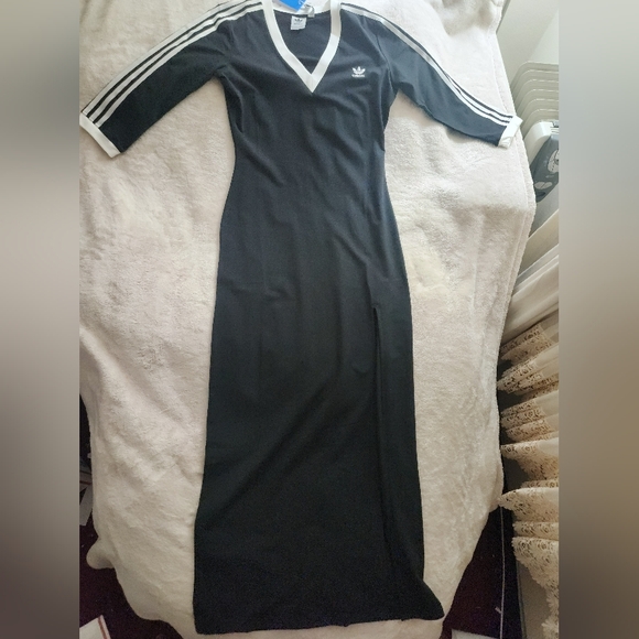 Adidas Adicolor Classics Maxi Dress black white stripes NWT. - Picture 2 of 10